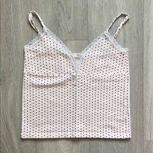 Brandy Melville John Galt White & Red Heart Lace V-Neck Cropped Cami Tank OS